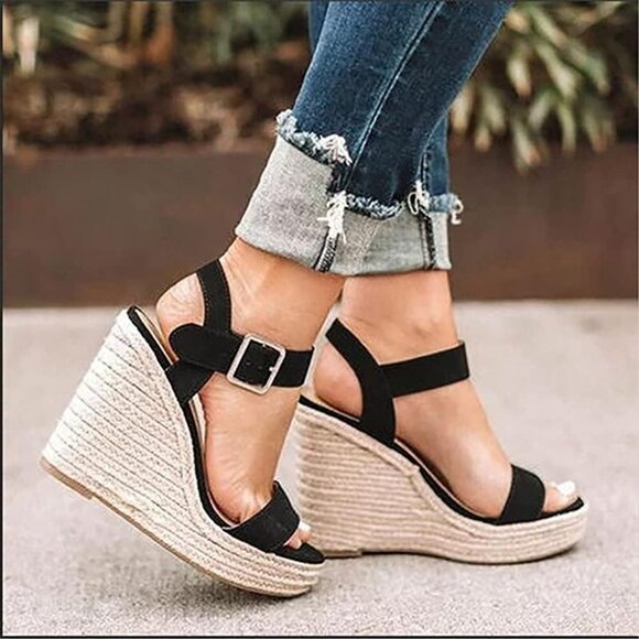 Women's Faux Leather Wedge Sandals Open Toe Ankle Strap Summer Casual - Picture 8 of 8